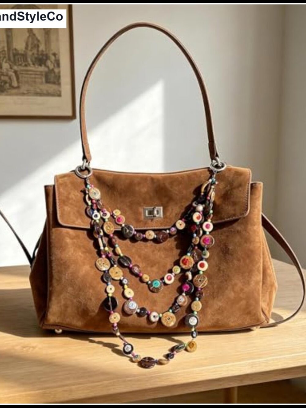 Boho Chain Bag Charm Keychain with Coconut Shell and Wooden Beads - Picture 6 of 6